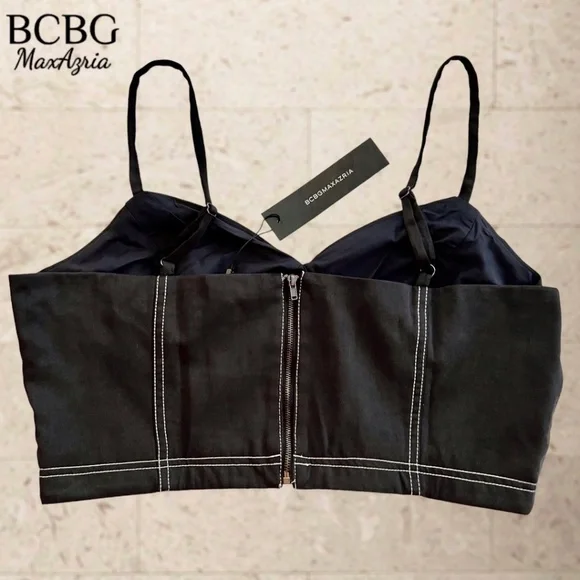 BCBGMAXAZRIA Topstitch Bustier-Style Full Zip Back Crop Top/Dk. Navy/LG NWT